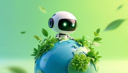 Green Earth globe with a cute cartoon robot, eco-friendly tech, 3D render, bright colors, minimalist design, sustainability.