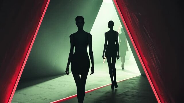 Silhouetted Fashion Models Walking a Runway within a Triangular Neon-Lit Space