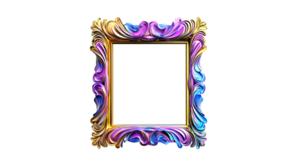 Elegant square photo frame, metallic, shiny, colorful, swirls, gold, purple, blue on isolated transparent background