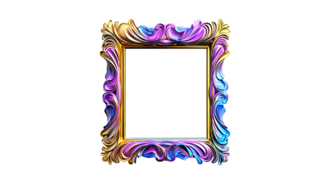 Elegant square photo frame, metallic, shiny, colorful, swirls, gold, purple, blue on isolated transparent background