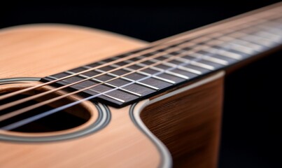 Fototapeta premium Acoustic guitar close-up, strings, fretboard, dark background, music