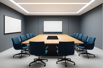 there is a large conference table with blue chairs in a room