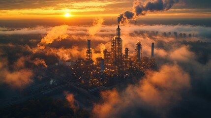 Majestic Aerial View of an Industrial Complex at Sunset with Steam and Smoke Rising Amidst a Dramatic Cloudy Sky and Glittering City Lights in the Background