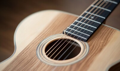Obraz premium Acoustic guitar close-up, wood grain, strings, soundhole, music