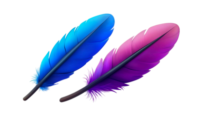 Colorful feathers, vibrant blue and purple, soft gradient, detailed plumage, macro photography on isolated transparent background