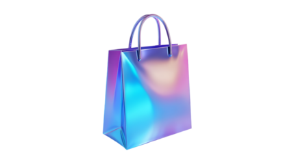 A holographic shopping bag glows in a vibrant futuristic environment isolated on a transparent background for design layouts