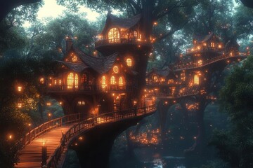 treehouses suspended among vibrant, oversized trees, with interconnected bridges and whimsical architecture, creating a fantastical cityscape against a twilight sky filled with sparkling stars