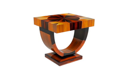 Elegant art deco wooden side table with intricate wood grain pattern macro photography on isolated transparent background