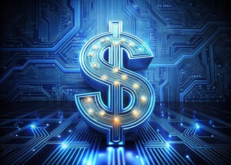 Futuristic Dollar Sign Circuit Board Landscape: Dark Blue Tech Background Stock Photo