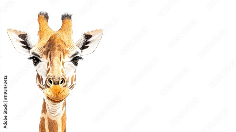 Poster giraffe gazes curiously with a playful expression against a plain white background in an illustrated