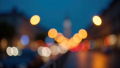Blurred city lights at night, creating a bokeh effect. Warm and cool tones blend in this atmospheric urban scene.