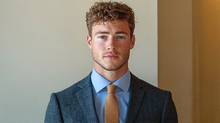 Portrait of a young man with curly hair and blue eyes wearing a gray suit jacket, light blue shirt, and orange tie.