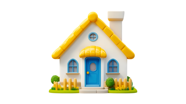 3D cartoon house, colorful, whimsical on isolated transparent background