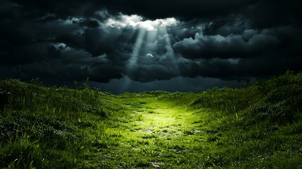 Dramatic landscape with sunlight breaking through dark storm clouds over green field