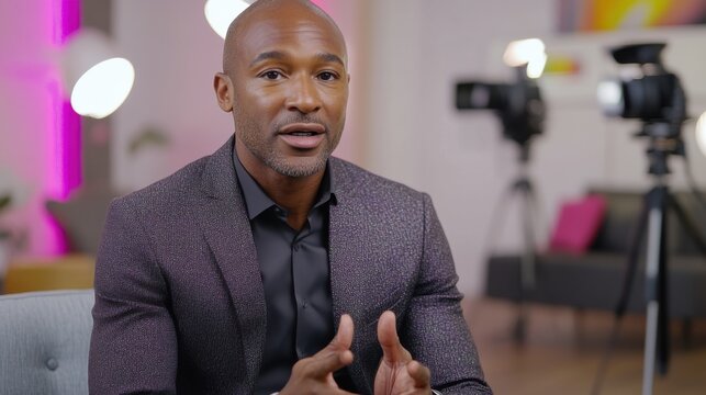 A Confident African American Man Discussing Industry Insights in a Modern Studio Setting with Cameras and Bright Colorful Background