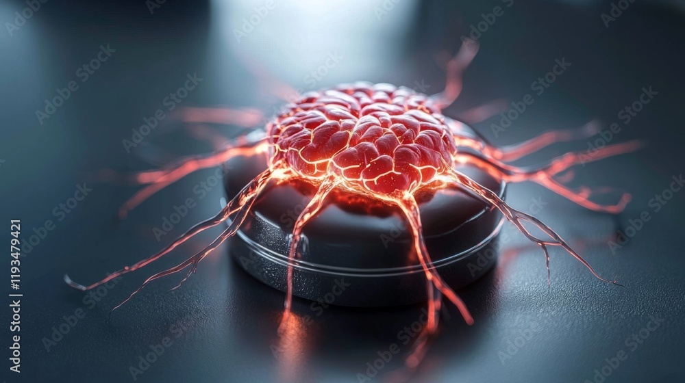 Poster intricate design of a glowing cell structure with tendrils illuminated on a dark surface