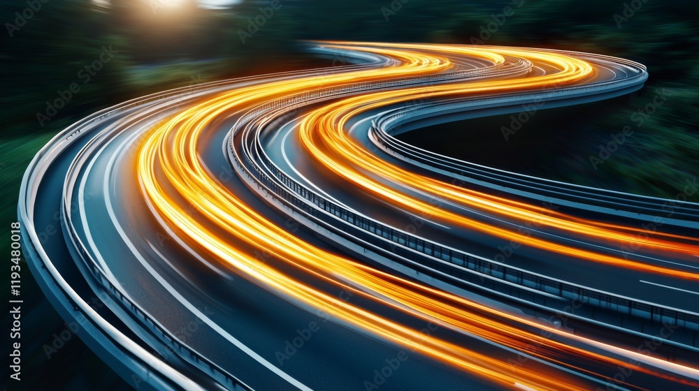 Poster curved highway at dusk with flowing vehicle lights creating a dynamic motion effect