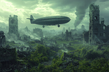 Naklejka premium Airship Over Post-Apocalyptic Ruins and Vegetation