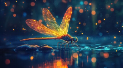 A glowing dragonfly rests on the water at night with orange bokeh lights