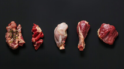 collection of raw meat on black background