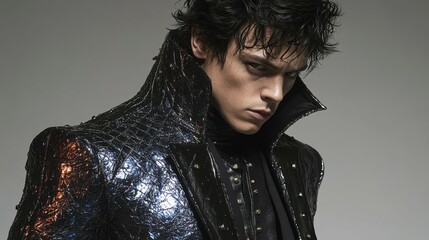 A fashion sketch of a high-fashion jumpsuit with structured shoulders and metallic fabric, combining futuristic and edgy elements for a statement look.