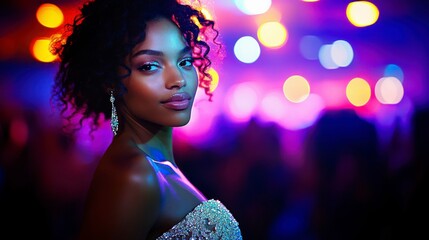 A fashion model striking a confident pose on the runway, wearing a couture gown with intricate beading and a flowing train, exuding elegance and sophistication.