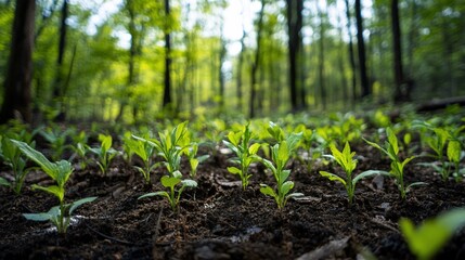 Obraz premium Young seedlings growing in a lush forest environment