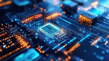 Fototapeta premium Abstract high-tech computing environment with luminous digital elements and interconnected processors