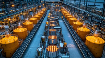 An overhead view of a chemical plant with large reactors, distillation columns, and storage tanks, illustrating the organized and vast scale of industrial production in the petrochemical industry.