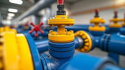 Fototapeta premium A close-up of industrial pipelines at an oil refinery, showing the intricate connections and valves that transport crude oil through various refining processes for the production of petroleum