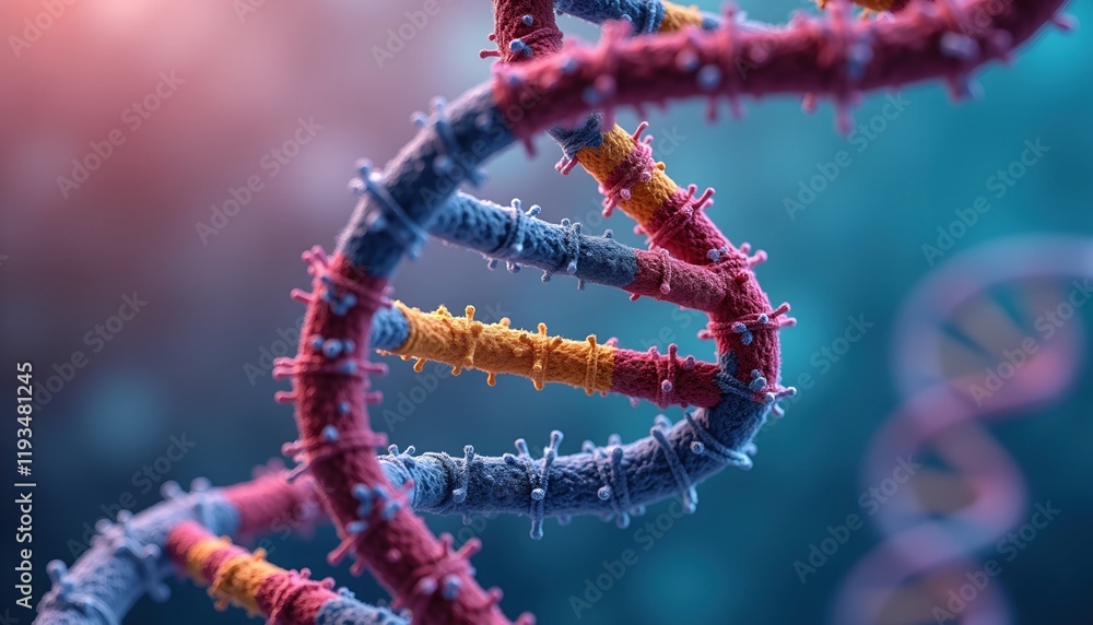 Poster close-up of a dna double helix, showcasing its intricate structure and colorful strands. a detailed 