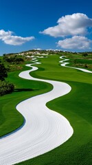 Naklejka premium Golf course features curvy sand traps on a sunny day with blue skies and clouds, highlighting the stunning landscape in the background