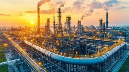 An oil pipeline winding through a busy industrial district at twilight, with factories and refineries emitting steam and light as the sun sets, highlighting the harmony between industry and the