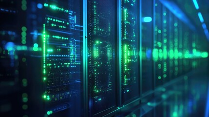 Fototapeta premium Abstract image of a quantum supercomputer with multiple qubit arrays, glowing in blue and green light against a dark backdrop