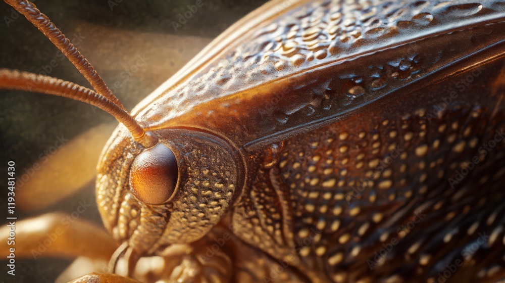 Poster close up of a detailed insect with intricate patterns and textures visible on its exoskeleton and an