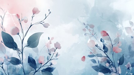 Delicate Watercolor Painting of Pink Flowers and Blue Leaves