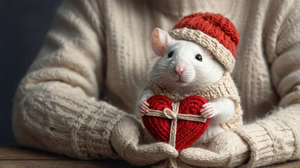 Fototapeta premium Cute little rat dressed in winter attire holds a red heart, spreading joy during the cozy season