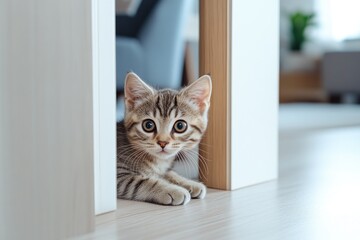 Playful kitten peeking from doorway.