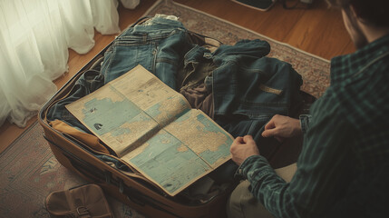 Man Preparing for a Journey Packing a Suitcase with a City Map, Travel Guide, and Essentials
