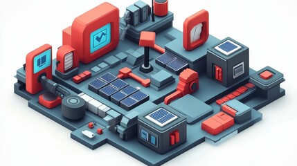 Obraz premium A conceptual diagram of a battery supply chain, with various energy sources like solar, wind, and hydropower feeding into interconnected battery storage units, representing a modern, efficient energy