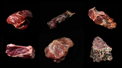 collection of raw meat on black background