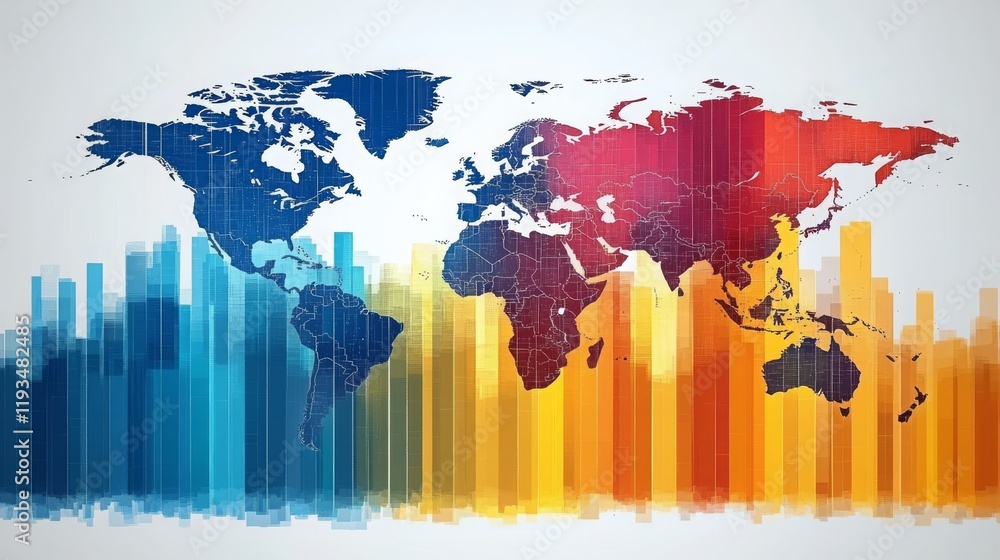 Poster colorful bar graph on a world map shows global differences in longevity statistics