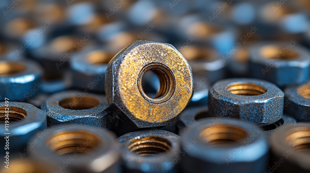 Poster close-up of a single metal nut in a sea of various nuts showing unique texture and color, ideal for 