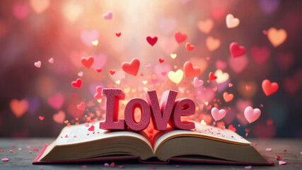 Creative representation of love with hearts and fairy dust over an open book at twilight