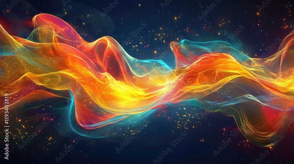 Poster abstract quantum ai landscape with dynamic, multicolored energy flows and futuristic digital archite