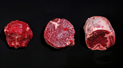 collection of raw meat on black background