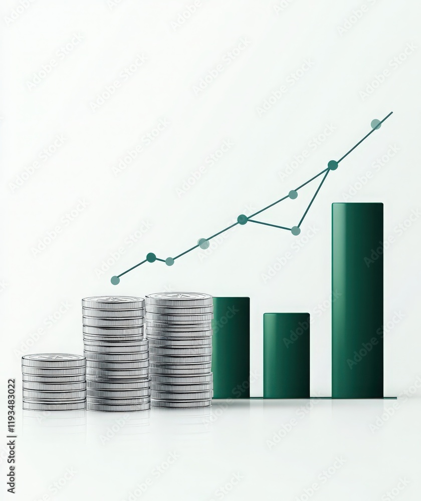 Poster a graph showing growth in financial data represented by stacked coins and bars