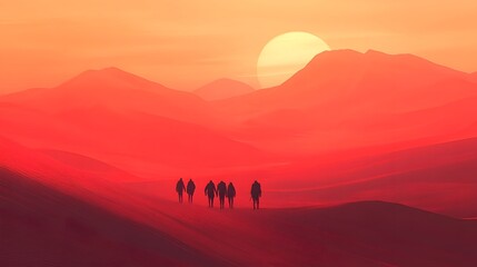 Fototapeta premium Silhouetted Hikers Embark on a Mystical Mountain Adventure at Sunset