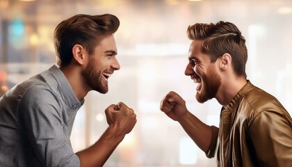 Generated image An image of two male friends playfully arguing over a point, with smiles and laughter