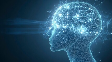 An abstract futuristic human head design made from luminous dotted particles and dynamic digital layers symbolizing artificial intelligence and technological progress